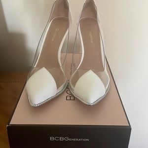 White BCBG clear and white heels . Size 8.5. Height 3.5